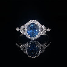 Load image into Gallery viewer, Oval Blue Sapphire and Diamond Halo Ring 14K White Gold
