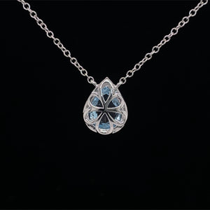 Blue Topaz Diamond Halo Pendant Necklace 14K White Gold