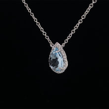 Load image into Gallery viewer, Blue Topaz Diamond Halo Pendant Necklace 14K White Gold
