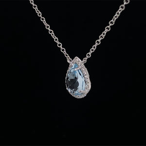 Blue Topaz Diamond Halo Pendant Necklace 14K White Gold
