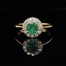 Load image into Gallery viewer, Emerald and Diamond Halo Ring in 14K Yellow Gold
