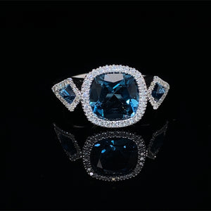 London Blue Topaz and Diamond Ring in 14K White Gold
