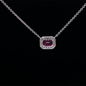 Diamond Halo Emerald-Cut Ruby Pendant Necklace 14K White Gold