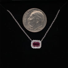 Load image into Gallery viewer, Diamond Halo Emerald-Cut Ruby Pendant Necklace 14K White Gold

