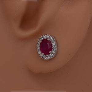 Ruby and Diamond Halo Earrings in 14K White Gold