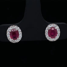 Load image into Gallery viewer, Ruby and Diamond Halo Earrings in 14K White Gold
