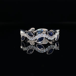 Sapphire and Diamond Leaf Ring in 14K White Gold